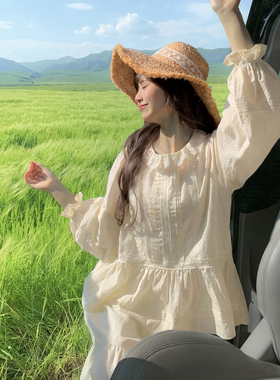 森女部落温柔蕾丝设计感纯棉长袖衬衫女2026新款宽松百搭森系上衣