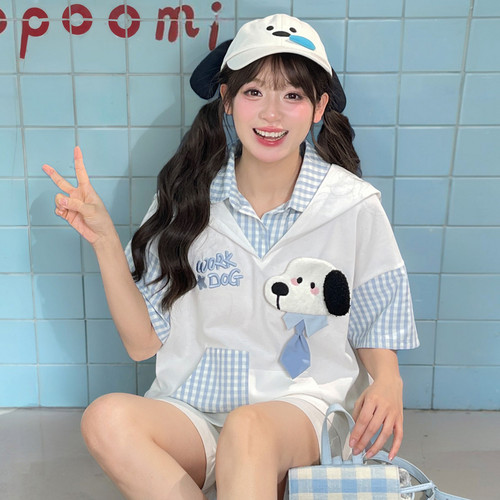 设计感连帽假两件短袖t恤女夏季