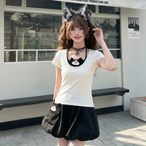 森女部落学院风猫咪刺绣假两件挂脖T恤女新款设计感短袖上衣夏季