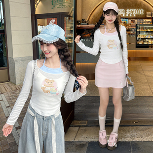 打底衫 森女部落可爱小熊印花t恤假两件长袖 女装 上衣新款 春秋季