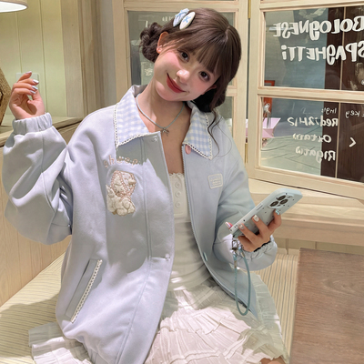 森女部落甜美风格子拼接设计感外套女新款小羊刺绣百搭宽松外搭春