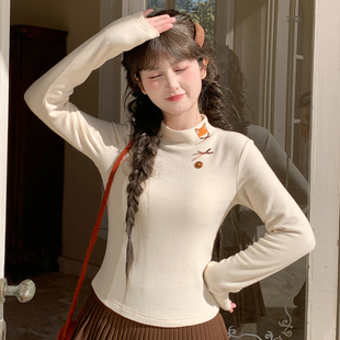 T恤百搭内搭冬 女狐狸刺绣高领长袖 森女部落甜美风修身 显瘦打底衫