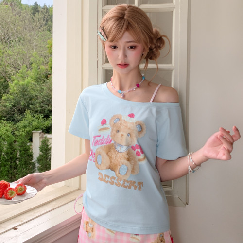 森女部落甜美风抗菌凉感短袖t恤女2026新款吊带设计感露肩上衣夏