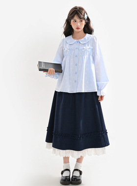 森女部落蓝色森系A字半身裙女春新款中长款小个子裙子夏长裙秋冬