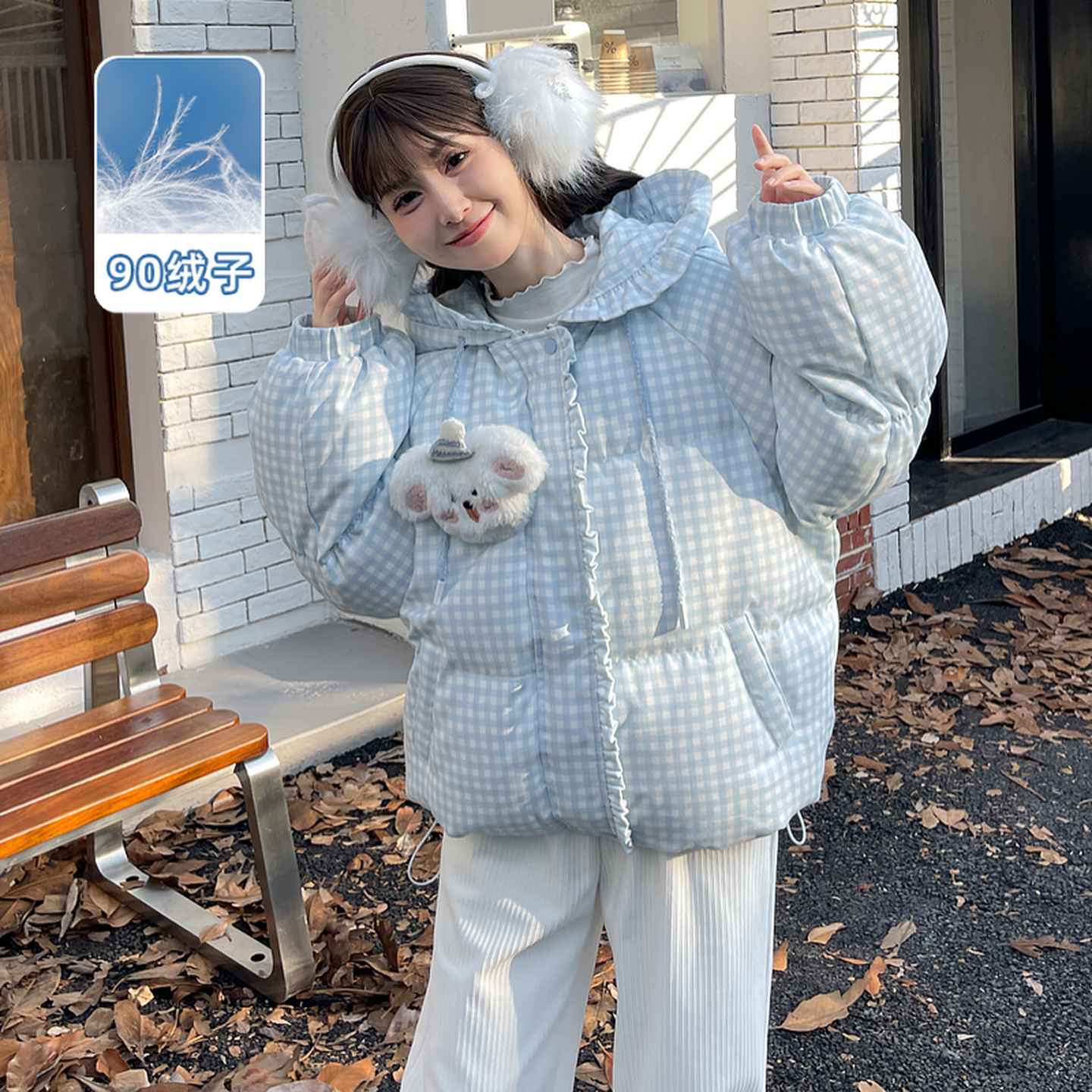 森女部落原创少女90白鸭绒格子服羽绒服连帽外套花边秋冬新款保暖