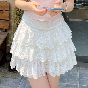 森女部落原创芭蕾风白色蕾丝蛋糕裙女百搭小个子高腰显瘦短裙夏