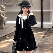 森女部落2026新款 大翻领飘带原创设计感甜美风黑色丝绒连衣裙女冬
