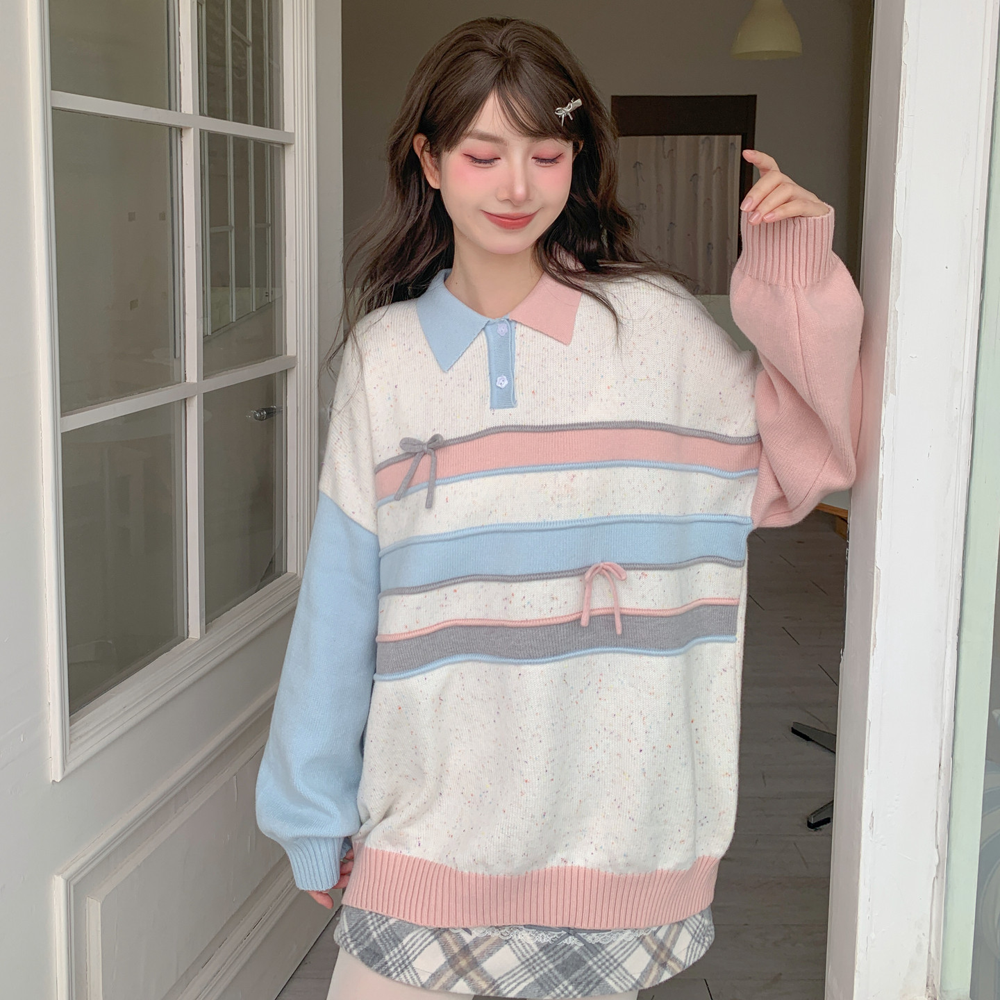 森女部落甜美风百搭Polo领套头毛衣女新款条纹撞色宽松针织衫冬季,女装/女士精品,毛衣,淘宝优惠券,粉丝福利购,淘宝优惠卷