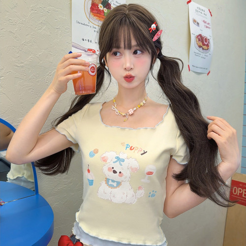 童趣小狗修身上衣拼色短袖T恤女