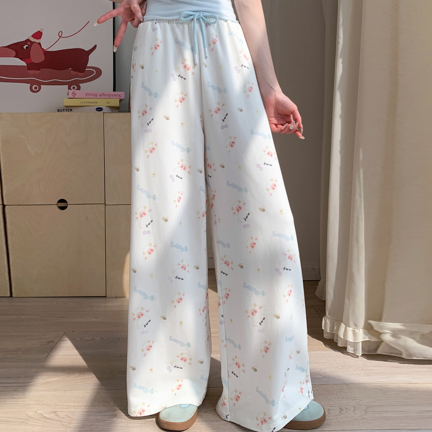 森女部落慵懒感小羊印花宽松直筒裤子女2026新款甜美高腰休闲裤夏