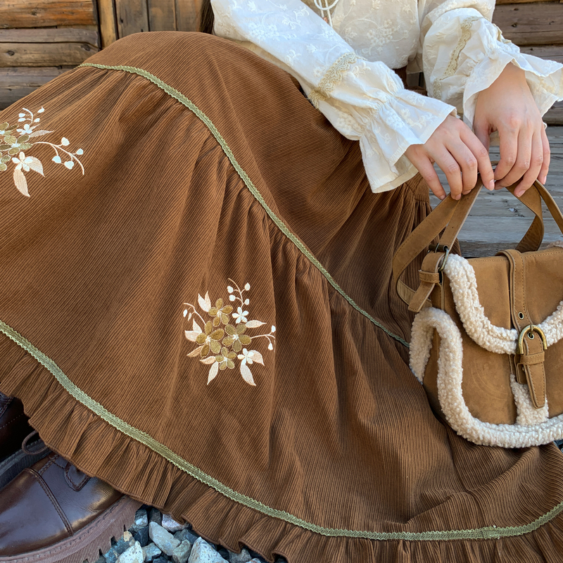 森女部落森系百搭大裙摆高腰半身裙女新款灯芯绒叠穿百搭长裙冬季