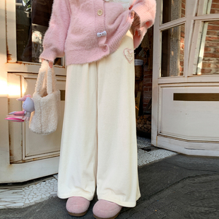 女 设计感保暖加绒休闲裤 森女部落甜美风百搭高腰阔腿裤 冬2025新款