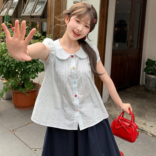 森女部落波点衬衫女甜美夏季新款短袖薄款泡泡袖可爱风2026年夏
