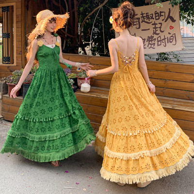 森女部落2026新款度假风连衣裙长裙波西米亚风吊带裙/杏色开衫