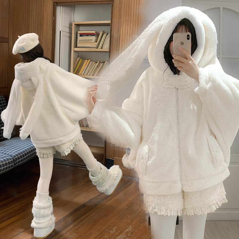 森女部落甜美风兔耳连帽绒衫卫衣女2025新款保暖百搭宽松外套冬季