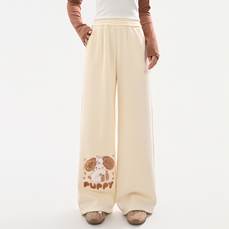 森女部落甜美慵懒风加绒阔腿裤女新款秋冬可爱小狗刺绣直筒休闲裤