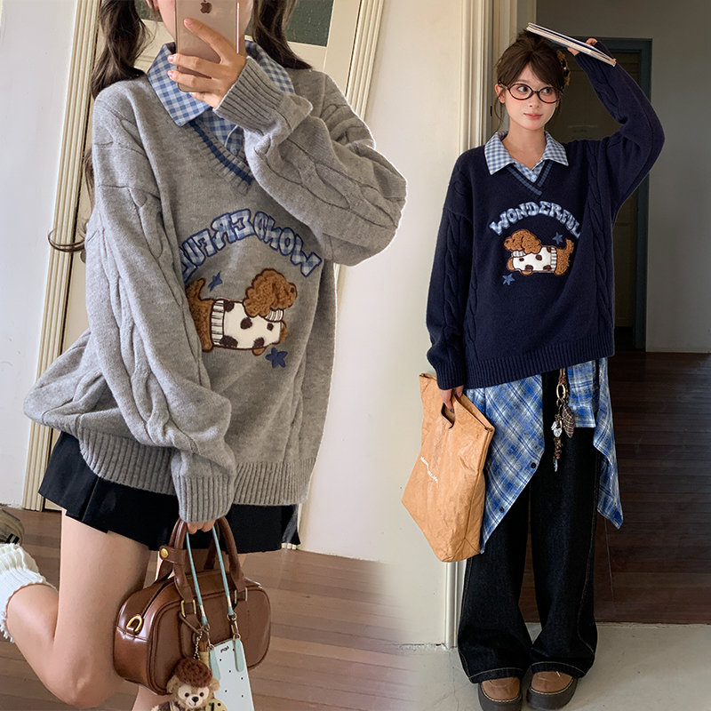 森女部落学院风卡通刺绣套头毛衣女新款假两件设计感保暖针织衫冬