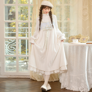 森女部落原创高领内搭仙女气质初恋慵懒长袖 连衣裙假两件蕾丝拼接