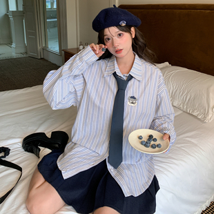 上衣 可爱猫咪刺绣长袖 森女部落甜美风百搭宽松纯棉条纹衬衫 女新款