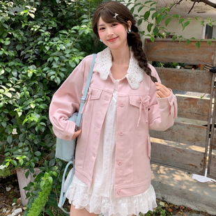 森女部落软妹风粉色牛仔外套女新款 46.9%莱赛尔设计感宽松外搭春