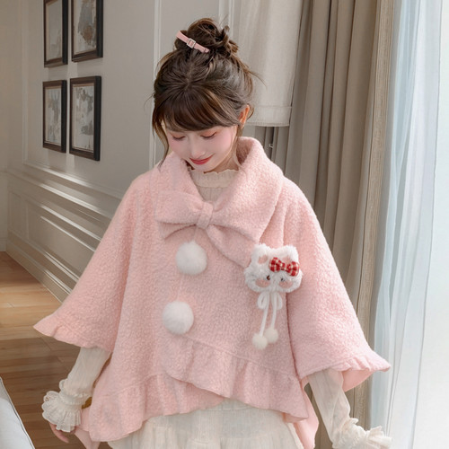 森女部落甜美粉色毛呢外套女2025新款蝴蝶结设计感宽松显瘦斗篷冬