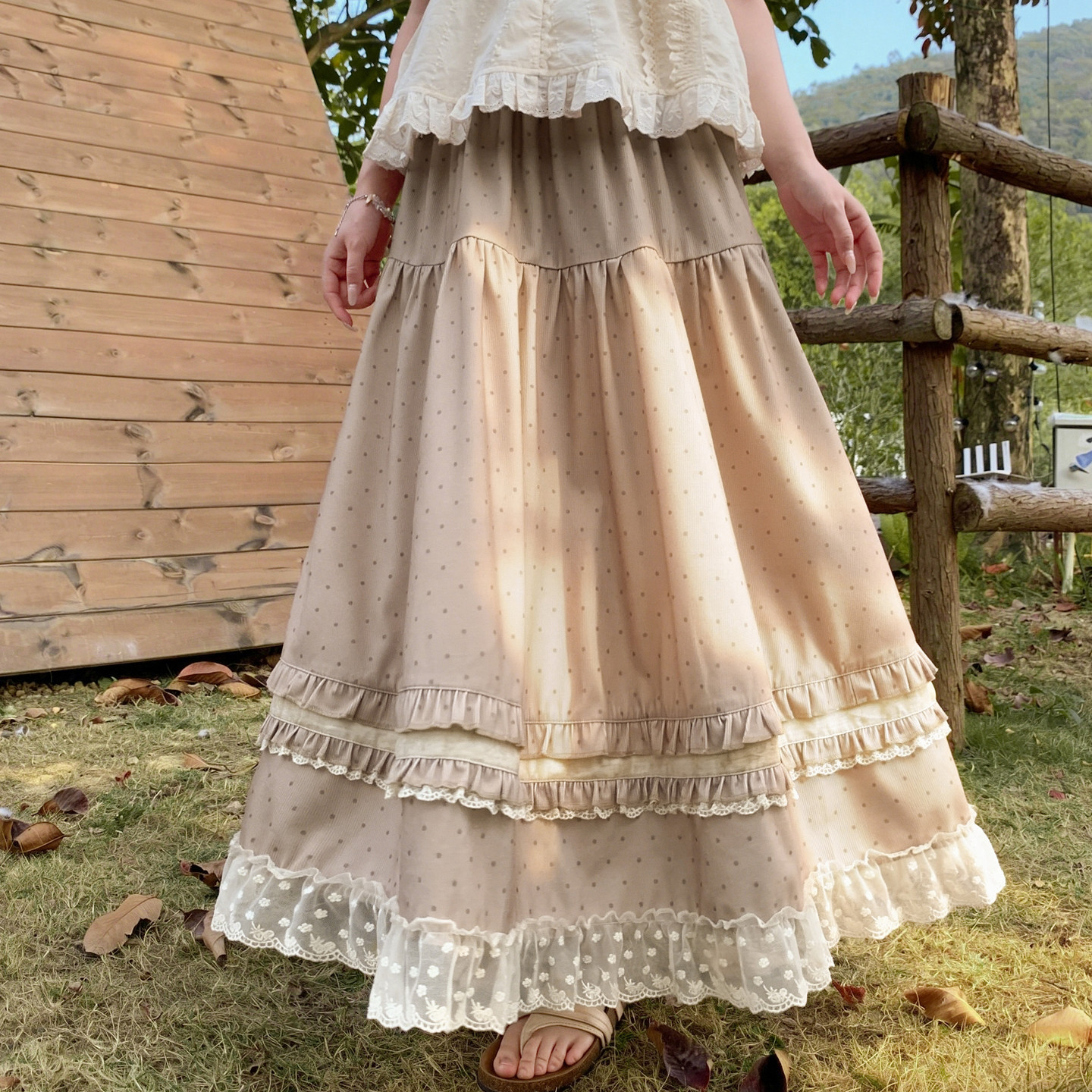 森女部落甜美风波点蕾丝拼接设计感百搭高腰半身裙女2026新款夏季