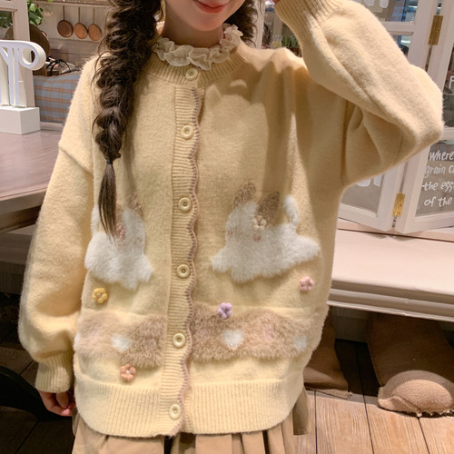 森女部落甜美风百搭针织开衫女2026秋冬宽松可爱卡通刺绣长袖毛衣