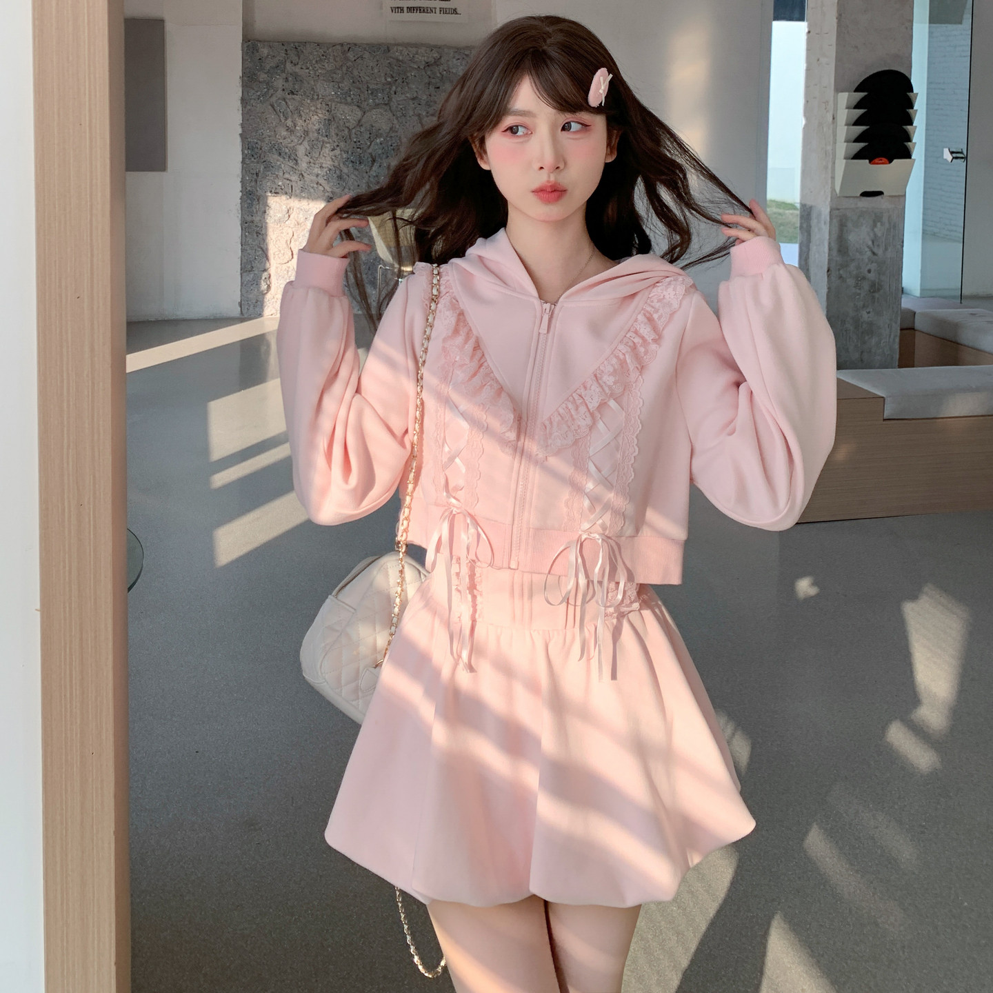 森女部落甜妹蕾丝拼接设计感宽松粉色短款连帽套装女2026新款春季