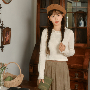 上衣春秋款 森女部落原创肌理感基础款 立领花边长袖 修身 纯色打底衫