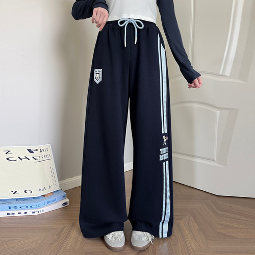 森女部落学院风阔腿卫裤女撞色抽绳侧边条纹小熊徽章休闲长裤秋季