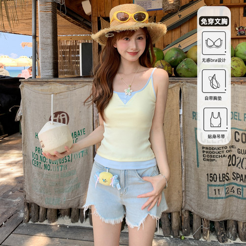 森女部落甜美风多巴胺撞色百搭修身吊带带胸垫背心女内搭夏日穿搭