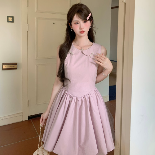 森女部落韩系气质连衣裙女2026新款娃娃领无袖收腰显瘦A字裙夏季