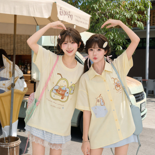 森女部落软萌卡通衬衫女萌趣夏季新款短袖宽松polo领甜美开衫外套