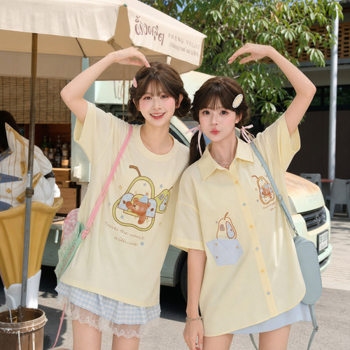 森女部落软萌卡通衬衫女萌趣夏季新款短袖宽松polo领甜美开衫外套