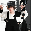 秋 宽松甜美百搭显瘦休闲裤 森女部落黑色小猫刺绣背带裤 女2025新款