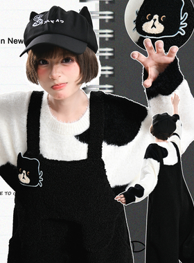 森女部落黑色小猫刺绣背带裤女2026新款宽松甜美百搭显瘦休闲裤冬