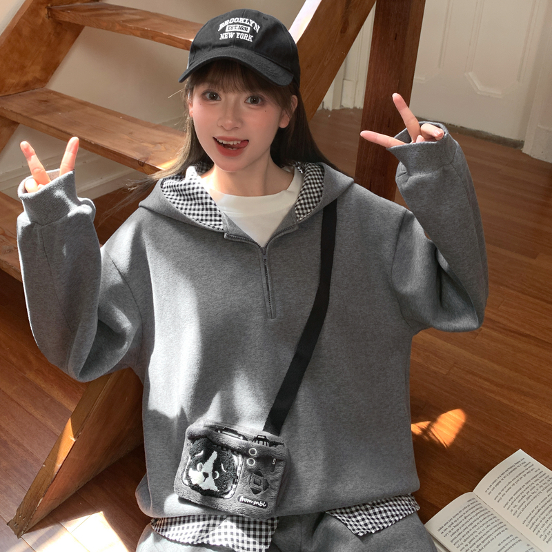 森女部落原创撞色格子拼接设计感连帽卫衣女2025新款百搭宽松上衣