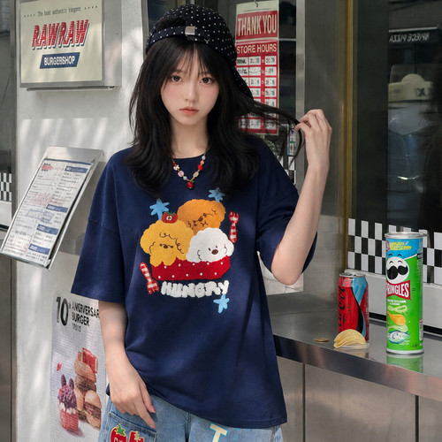 森女部落学院风小狗毛巾绣设计T恤女2026新款圆领宽松短袖上衣夏