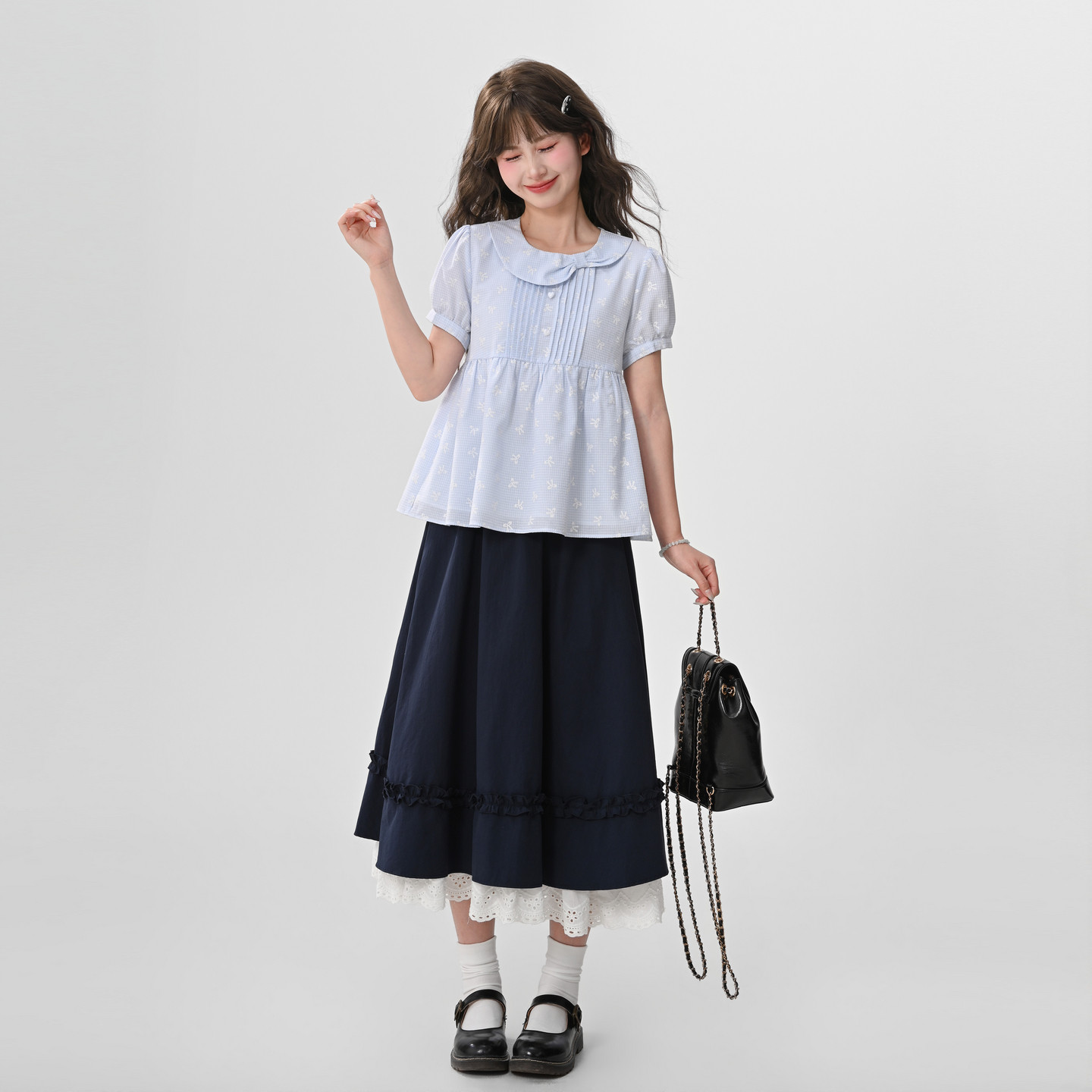 森女部落泡泡袖衬衫女蝴蝶结印花娃娃领甜美少女小衫2026新款夏季图片