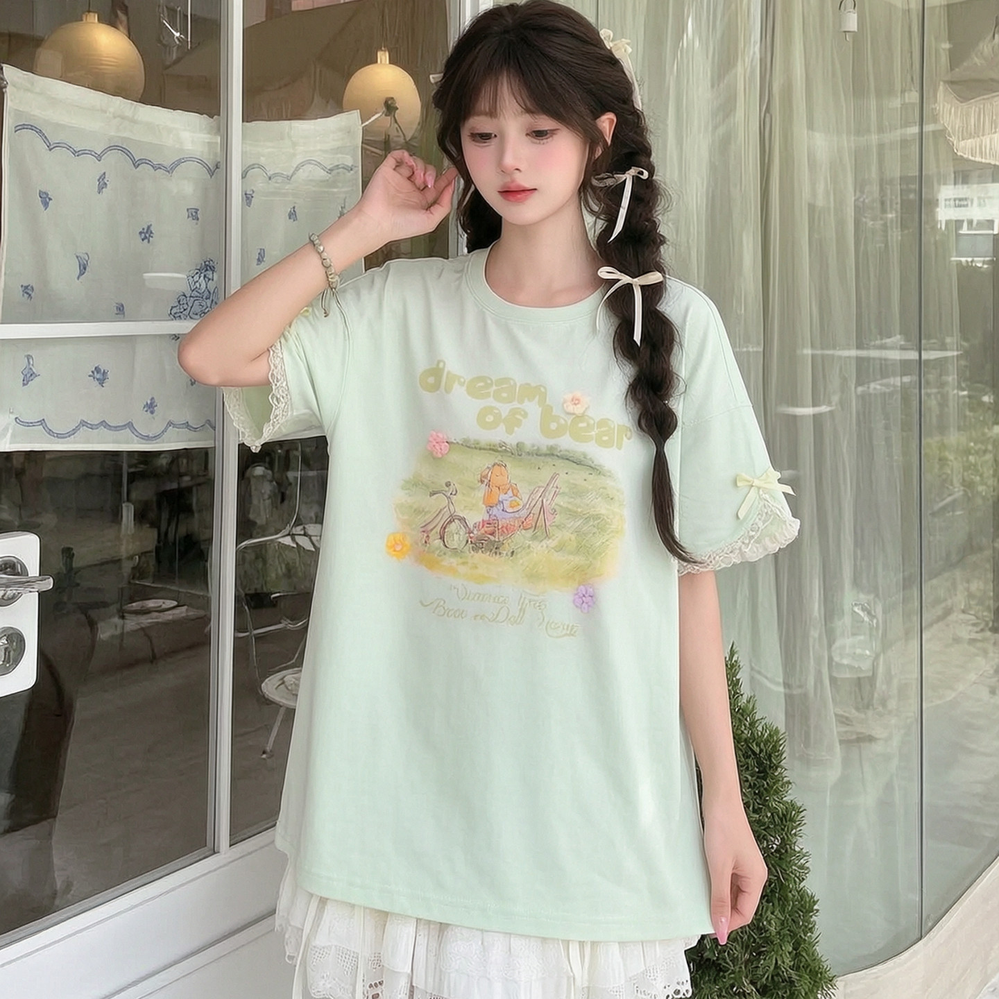 森女部落抗菌凉感T恤女新款夏季少女风蕾丝圆领印花宽松短袖上衣