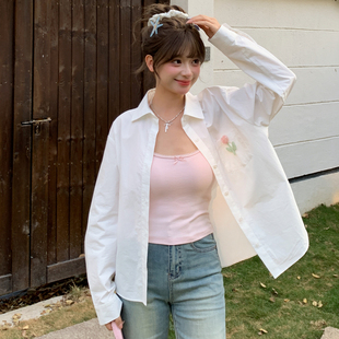 森女部落甜美风清新刺绣衬衫 宽松百搭polo领休闲上衣春 女纯棉新款