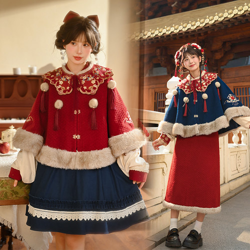 森女部落民族风刺绣圆领毛呢外套女2025新款设计感宽松国风斗篷冬