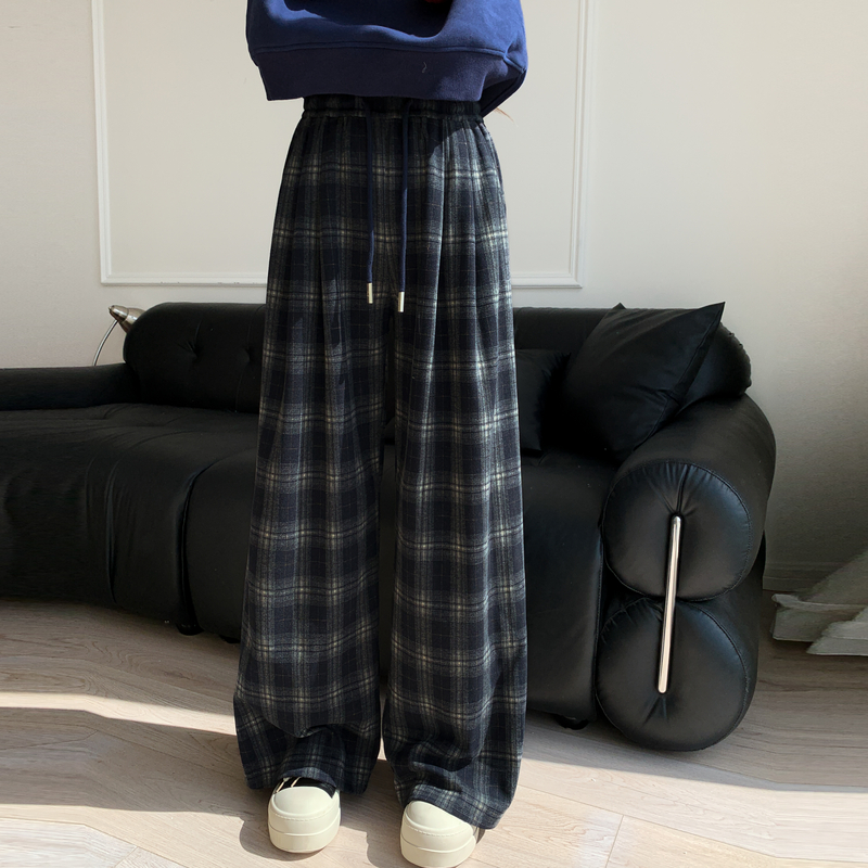 森女部落经典复古格子高腰休闲裤女2025新款垂感百搭宽松阔腿裤冬