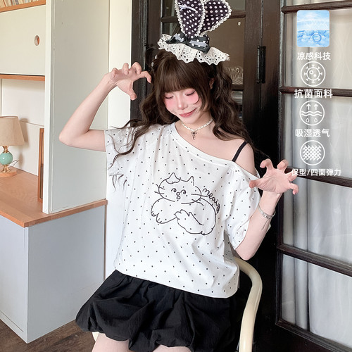 森女部落甜美风猫咪绣花波点斜肩凉感宽松百搭短袖T恤女新款夏季