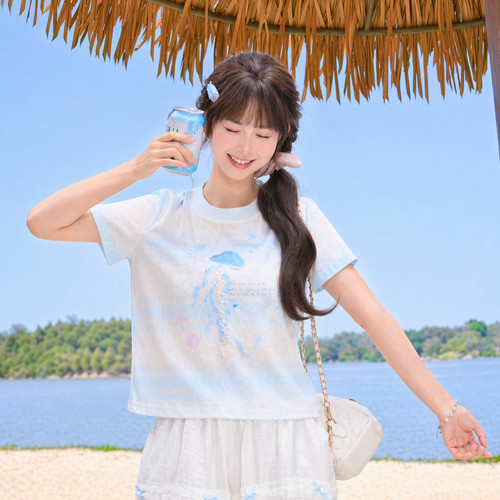 “海洋系列”森女部落甜美撞色设计感T恤女新款宽松短袖上衣夏季