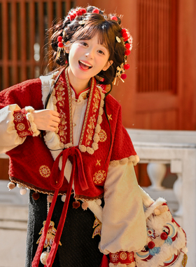 森女部落原创新中式国风红色加绒新年小金鱼套装拜年服冬新款女装