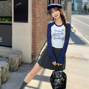 休闲圆领短上衣秋季 插肩袖 T恤女2025新款 森女部落甜美风撞色修身