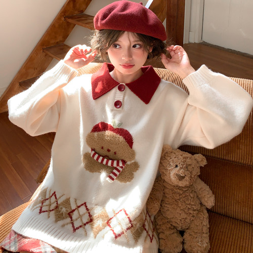 森女部落甜美风撞色设计感宽松针织衫女2025新款秋冬小狗刺绣毛衣