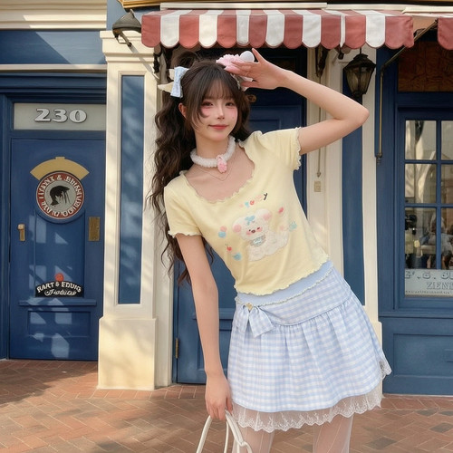 森女部落童趣小狗减龄原创修身设计感夏季上衣方领拼色短袖T恤女