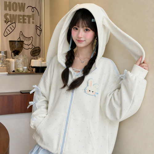 森女部落白色兔子耳朵连帽卫衣女薄外套秋2026新款波点可爱上衣春